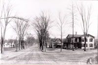 The Corner of Greenwood Ave. & Blackman Ave c. 1910                                                                          Bethel’s main thoroughfare in the first years of the 20th century.  Notice the dirt streets with the cobblestone path running between the trolley tracks. In the distance can be seen the hand-cranked railroad gates. The numerous Elm trees that lined both sides of the street eventually fell victim to the Dutch-elm disease that swept throughout a portion of New England in the 1960s. 